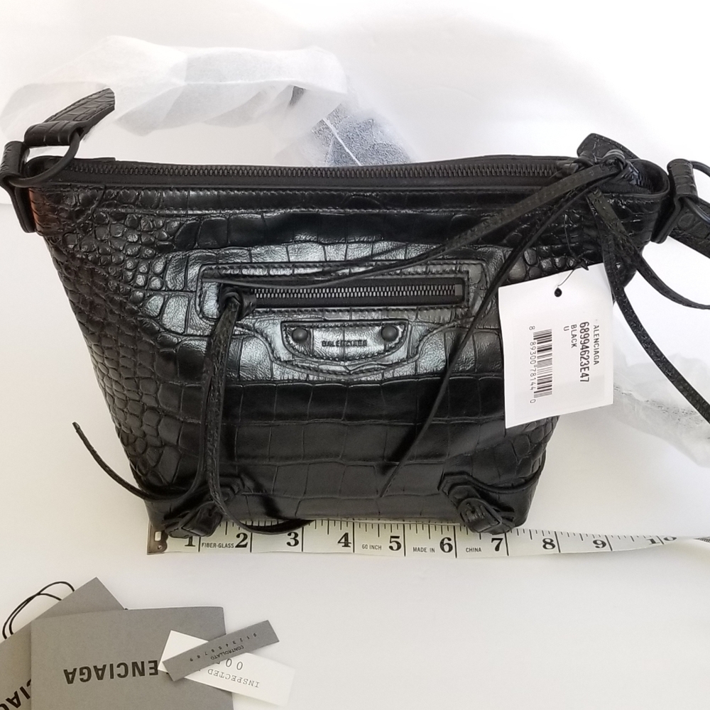 Balenciaga XS Neo Classic Croc-Embossed Leather Hobo Bag Black - Picture 2 of 10